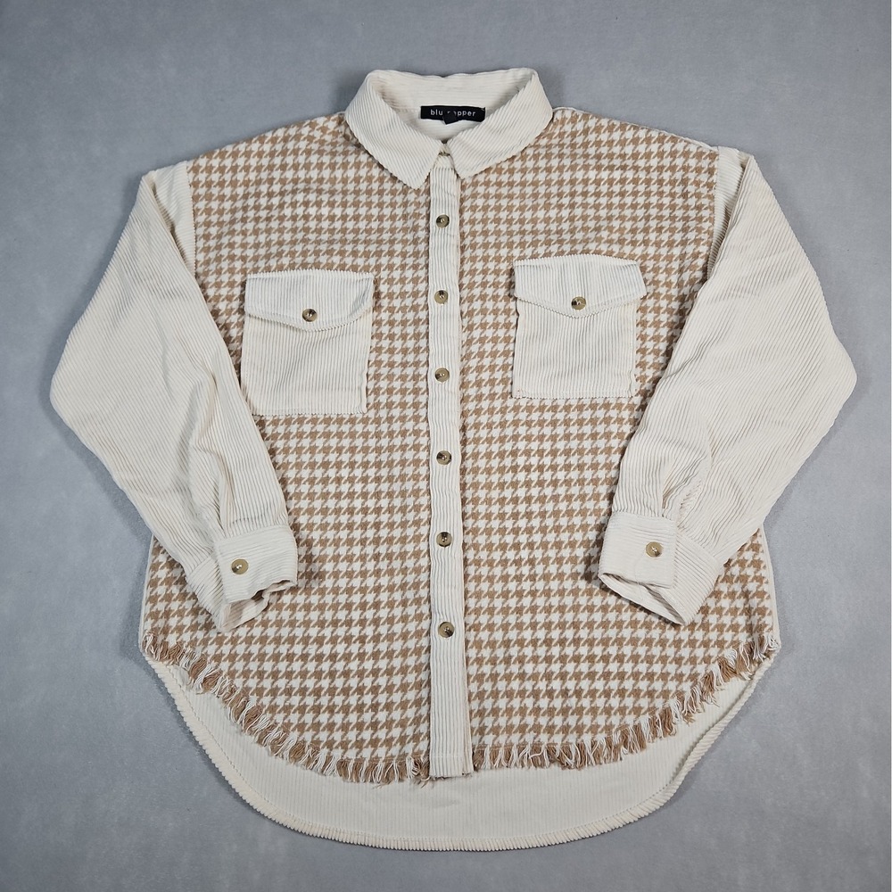 Blu Pepper Juniors Beige Houndstooth Button Up Shacket Shirt Jacket Size Medium